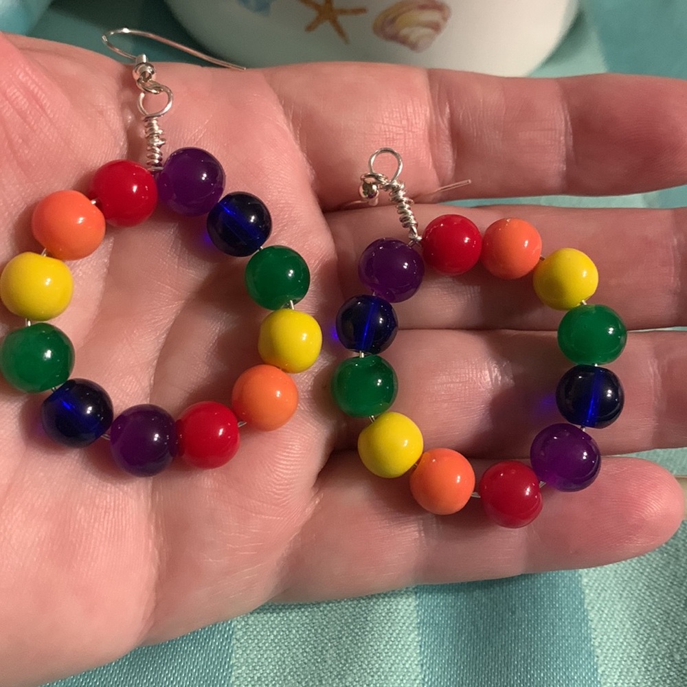 Rainbow Glass Beaded Hoop Earrings - Picture 2 of 7